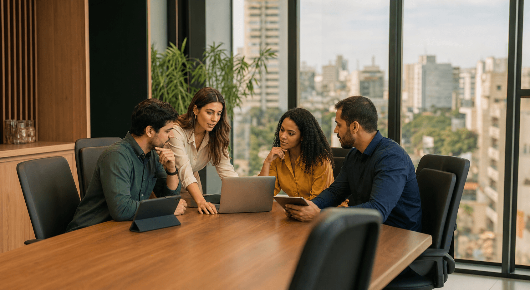 Equipe de uma corretora analisando oportunidades em conjunto